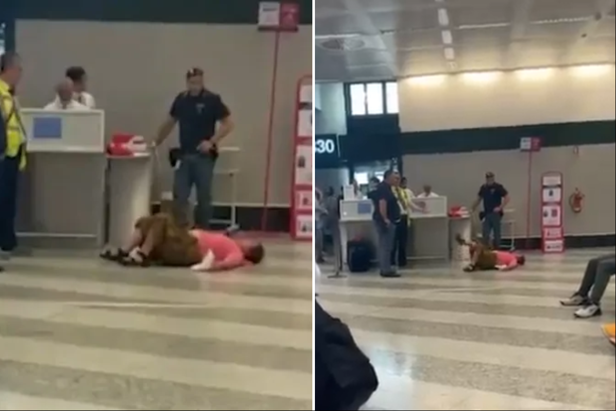Imagens que circulam nas redes sociais mostram a ageira rolando pelo terminal, batendo os pés no piso e agitando os braços enquanto gritava.